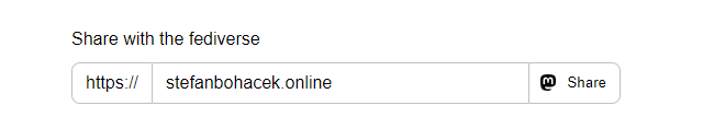 A screenshot of the fediverse sharing prompt, which consists of an input field for domain name and a button with the text "Share" preceded by a Mastodon logo